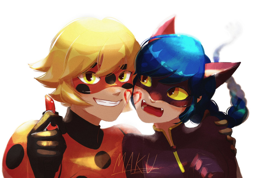 1boy 1girl adrien_agreste animal_ears black_bodysuit black_mask blonde_hair blue_hair bodysuit braid cat_ears cat_girl highres lady_noir lipstick long_hair makeup makumakuma03 marinette_dupain-cheng miraculous_ladybug misterbug_(character) open_mouth polka_dot red_bodysuit red_mask simple_background single_braid slit_pupils smile superhero_costume upper_body white_background yellow_eyes