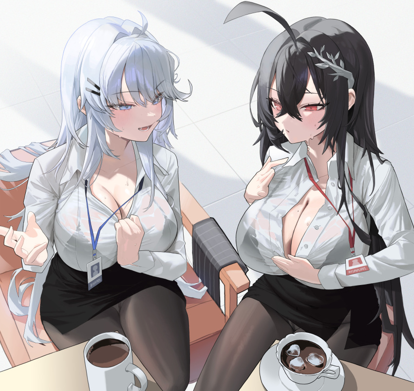 2girls absurdres black_bra black_hair blue_eyes bra bra_visible_through_clothes breasts chair cleavage coffee collared_shirt cup hair_between_eyes highres iced_coffee lanyard large_breasts mug multiple_girls office_lady on_chair original pantyhose red_eyes rima_(0136) see-through see-through_shirt shirt sitting skirt sweat unbuttoned unbuttoned_shirt underwear white_hair white_shirt