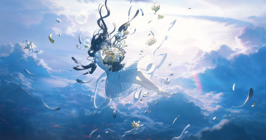 1girl absurdres barefoot black_hair bouquet closed_eyes cloud commentary_request dress english_commentary falling flower highres holding holding_bouquet konya_karasue long_hair mixed-language_commentary original petals pleated_dress sky solo white_dress