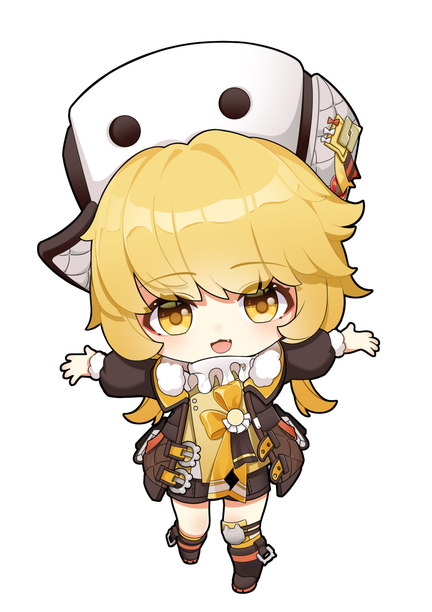 1girl absurdres alternate_hairstyle ankle_boots ankle_socks badge blonde_hair boots brown_coat brown_footwear brown_shorts chibi coat fang frilled_shirt_collar frills fur-trimmed_coat fur_hat fur_trim hair_intakes hat highres honkai:_star_rail honkai_(series) hook_(honkai:_star_rail) incoming_hug knee_pads long_hair long_sleeves looking_at_viewer low_twintails open_mouth outstretched_arms papakha puffy_long_sleeves puffy_sleeves ribbon ruochi_lk shirt shorts sidelocks simple_background single_knee_pad socks spread_arms twintails two-sided_coat two-sided_fabric walking white_background white_hat yellow_eyes yellow_ribbon yellow_shirt yellow_socks