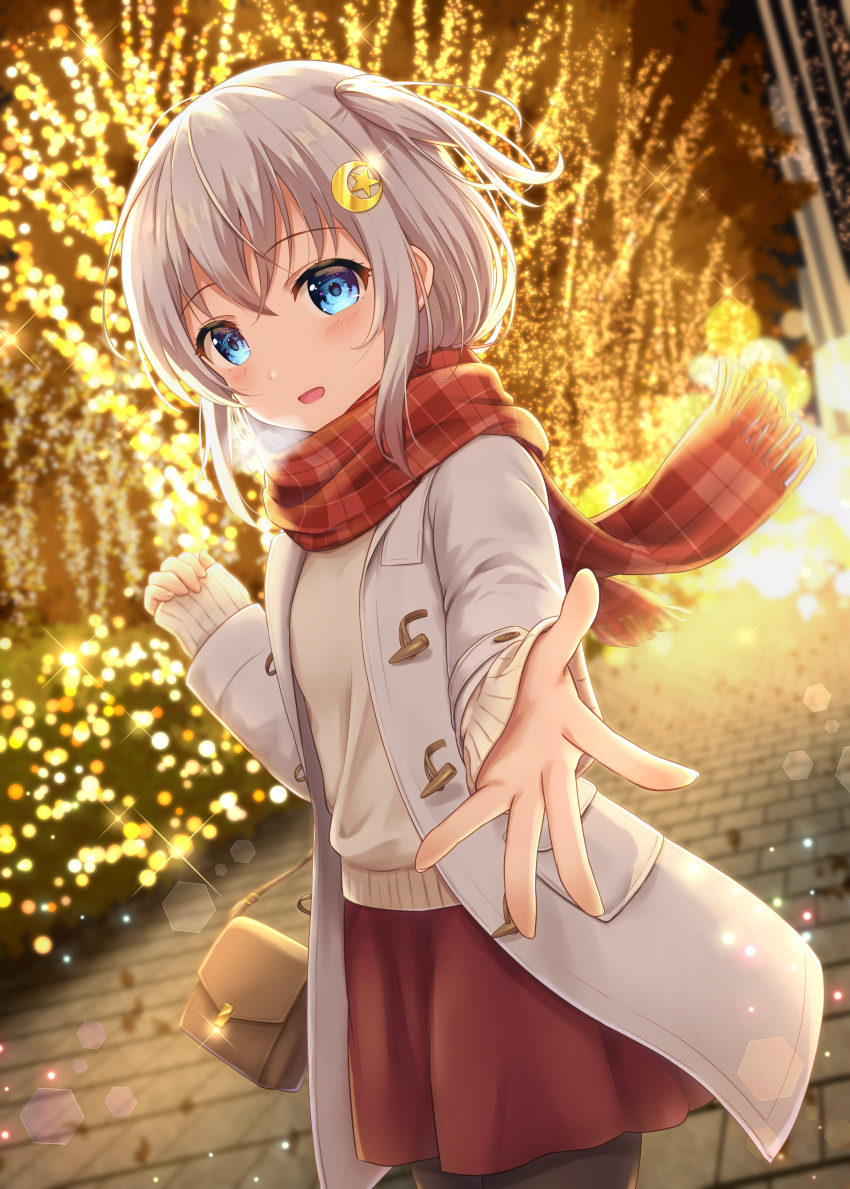 1girl :d absurdres bag black_pantyhose blue_eyes blurry blush bokeh breath brick_road brown_sweater coat commentary_request cowboy_shot crescent crescent_hair_ornament depth_of_field dutch_angle enpera foreshortening glint grey_hair hair_ornament hand_up handbag highres long_sleeves looking_at_viewer medium_hair miniskirt one_side_up open_mouth original outstretched_arm outstretched_hand pantyhose plaid plaid_scarf reaching reaching_towards_viewer red_scarf red_skirt redrawn revision satsuki_(yutuki_ame) scarf sidelocks skirt sleeves_past_wrists smile solo star_(symbol) star_hair_ornament sweater white_coat yutuki_ame