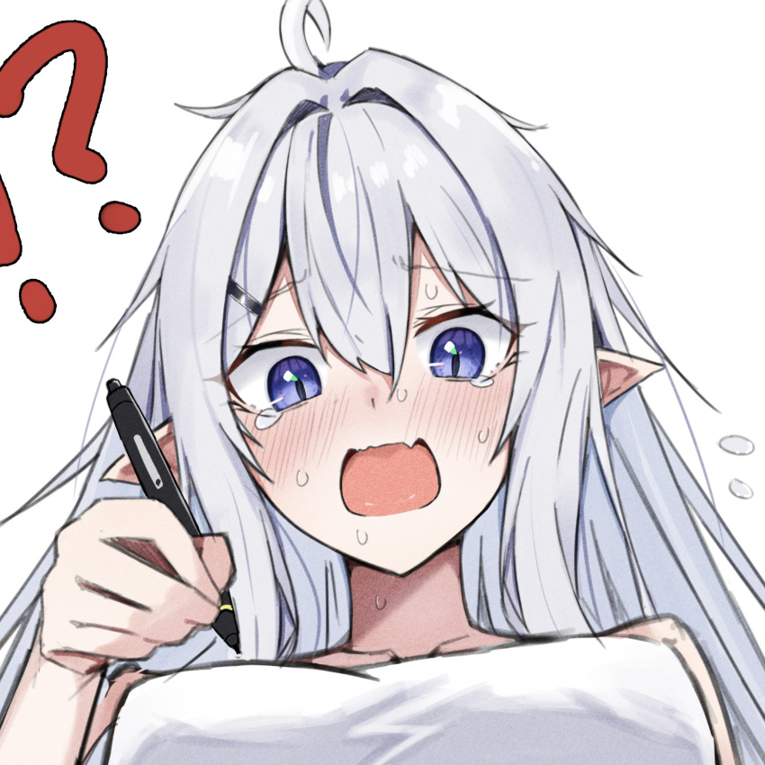 1girl ? ahoge artist_self-insert close-up commentary crying embarrassed english_commentary eyes_visible_through_hair fang flying_sweatdrops grey_hair hair_between_eyes hair_intakes hair_ornament hairclip hand_up highres holding holding_stylus long_hair looking_at_viewer open_mouth original pointy_ears portrait purple_eyes simple_background sketch skin_fang solo split_mouth stylus tearing_up touko_(toko12_tooko) white_background