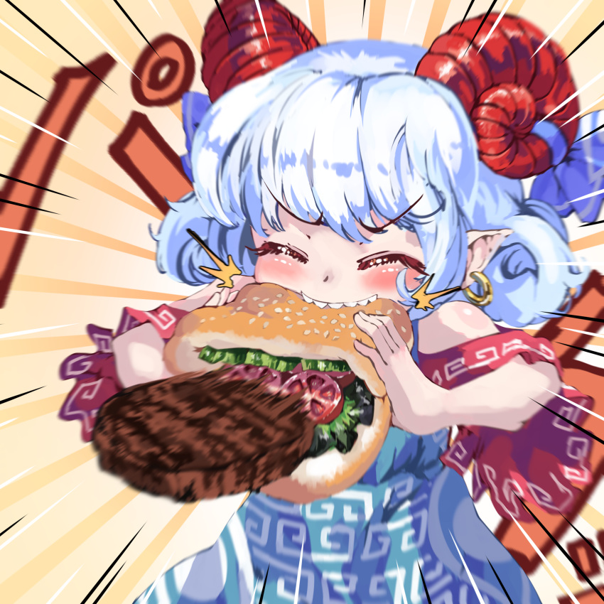 1girl absurdres blue_dress blue_vest burger burger_malfunction curly_hair detached_sleeves dress earrings fast_food food highres horn_ornament horn_ribbon horns jewelry meandros patterned_clothing pointy_ears red_horns red_sleeves ribbon sheep_horns solo sunnysideup touhou toutetsu_yuuma vest