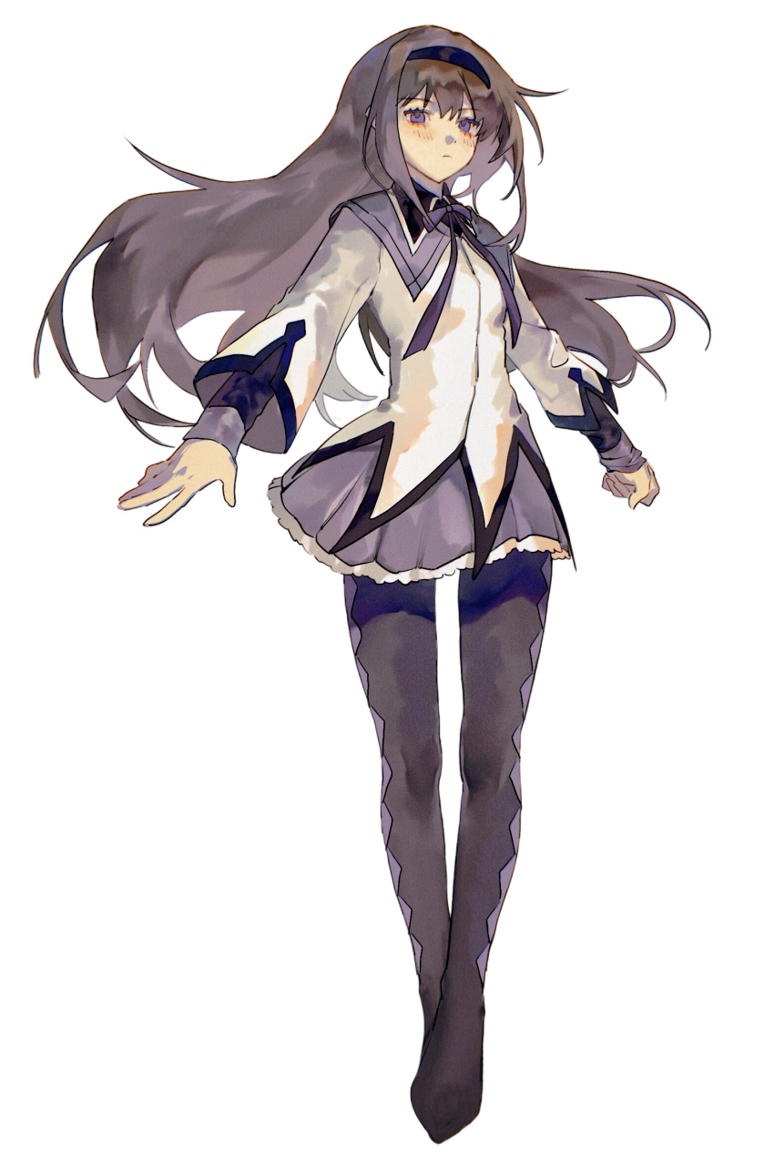 1girl akemi_homura argyle_clothes argyle_legwear black_footwear black_hair black_hairband boots capelet chinese_commentary commentary_request expressionless floating_hair full_body hairband highres jacket knees_apart_feet_together ld-killer long_hair long_sleeves mahou_shoujo_madoka_magica mahou_shoujo_madoka_magica_(anime) neck_ribbon purple_capelet purple_eyes purple_skirt ribbon simple_background skirt solo standing thigh_boots white_background white_jacket