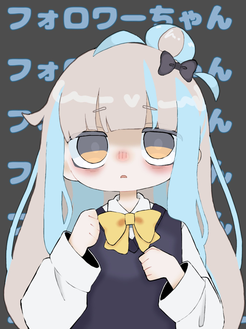 1girl ahoge bags_under_eyes black_bow black_sweater_vest blue_hair blunt_bangs bow collared_shirt commentary_request grey_background grey_hair hair_bow hair_bun hands_up highres long_hair long_sleeves looking_at_viewer multicolored_hair nemurumi nyalra_(author) open_mouth original shirt single_hair_bun solo sweater_vest translation_request two-tone_hair upper_body white_shirt yellow_eyes