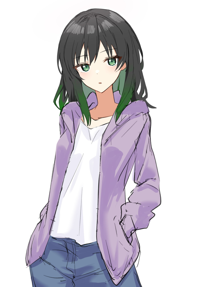 1girl absurdres alternate_costume alternate_hairstyle black_hair blue_pants collarbone colored_inner_hair commentary_request gradient_hair green_eyes green_hair hair_down hands_in_pockets highres hood hood_down hooded_jacket ilkraz_aoi jacket long_sleeves looking_at_viewer love_live! love_live!_nijigasaki_high_school_idol_club medium_hair multicolored_hair pants parted_lips purple_jacket shirt simple_background solo takasaki_yu two-tone_hair white_background white_shirt