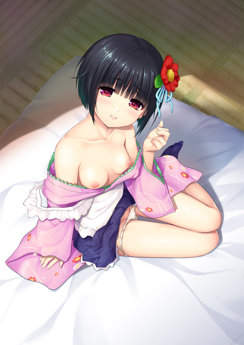 1girl absurdres apron bare_shoulders black_hair blush breasts flower from_above futon hair_flower hair_ornament highres japanese_clothes kimono looking_at_viewer maid nipples non-web_source nonohara_miki off_shoulder original panties panty_pull parted_lips pink_kimono red_eyes short_hair sitting small_breasts smile solo sunlight tatami underwear wa_maid white_panties yokozuwari