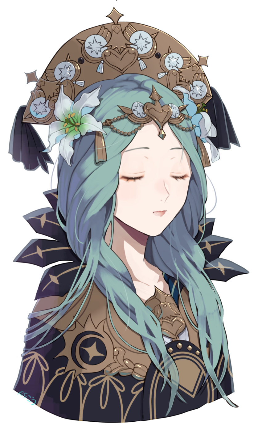 1girl black_cape cape closed_eyes closed_mouth commentary_request fire_emblem fire_emblem:_three_houses flower green_eyes green_hair hair_flower hair_ornament hat highres lips long_hair pink_lips rhea_(fire_emblem) simple_background solo white_background white_flower yachimata_1205