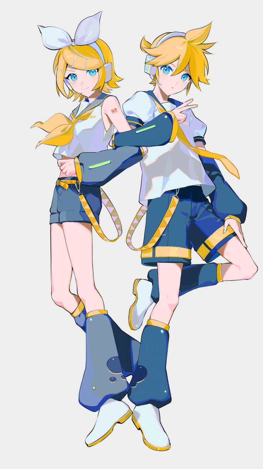 1boy 1girl absurdres bass_clef belt black_shorts black_sleeves blonde_hair blue_eyes brother_and_sister detached_sleeves grey_background hair_ornament hair_ribbon hairclip headset highres kagamine_len kagamine_rin leg_warmers locked_arms looking_at_viewer neckerchief necktie nima_(nimamann) number_tattoo ribbon sailor_collar shirt short_hair short_ponytail shorts siblings sleeveless sleeveless_shirt smile tattoo treble_clef twins v vocaloid white_footwear white_ribbon yellow_belt yellow_nails yellow_neckerchief yellow_necktie