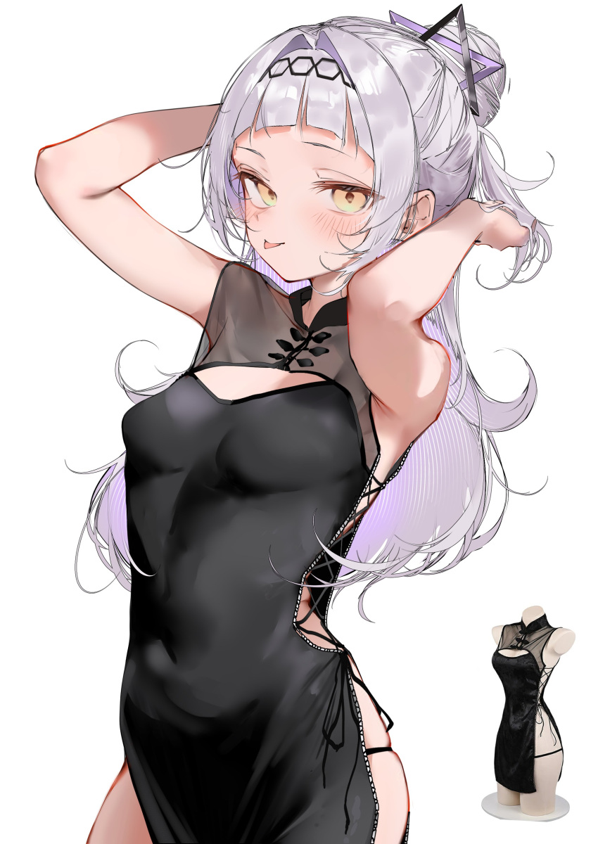 1girl :p absurdres arched_bangs armpits arms_up black_dress blunt_bangs blush breasts brooch cleavage_cutout clothing_cutout covered_navel dress grey_hair hair_bun hair_ornament hairband highres hololive jewelry long_hair looking_at_viewer murasaki_shion pepq reference_inset see-through side-tie_dress simple_background small_breasts solo star_brooch tongue tongue_out virtual_youtuber white_background yellow_eyes