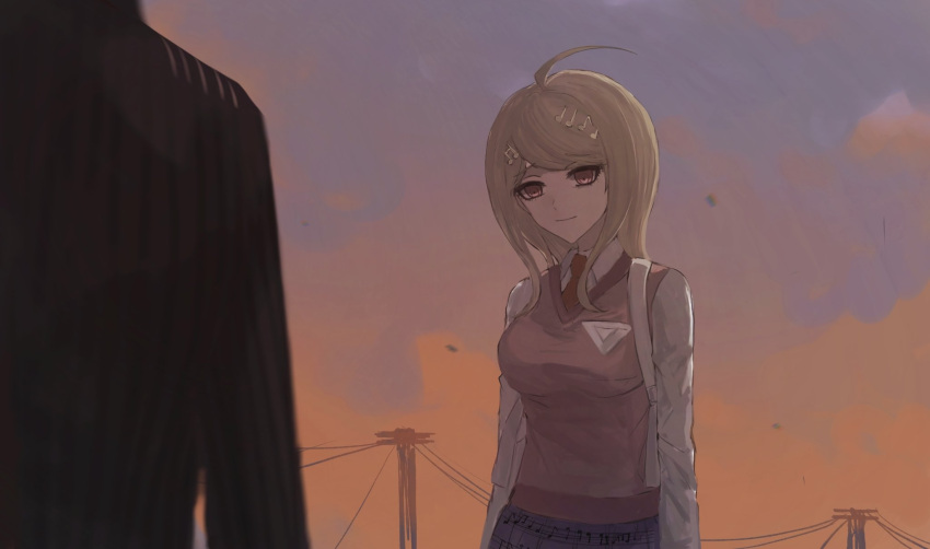 1boy 1girl ahoge akamatsu_kaede black_jacket blonde_hair breasts brown_eyes closed_mouth collared_shirt danganronpa_(series) danganronpa_v3:_killing_harmony fu_ga_(vivi912912) grey_shirt highres jacket large_breasts long_hair long_sleeves musical_note musical_note_print necktie orange_necktie outdoors pink_sweater_vest pleated_skirt power_lines saihara_shuichi shirt skirt smile solo_focus striped_clothes striped_jacket sunset sweater_vest