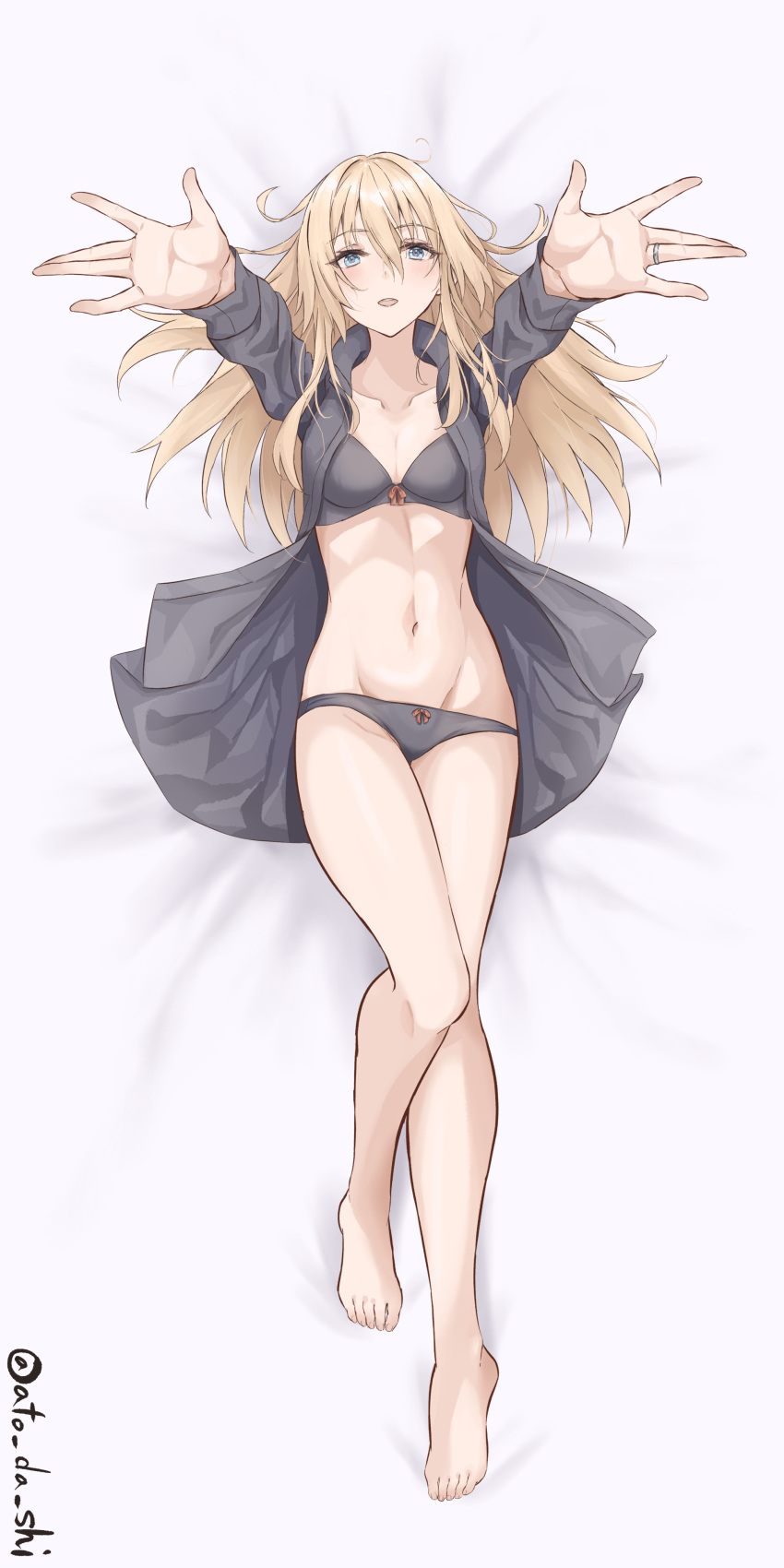 1girl absurdres alternate_costume atodashi bismarck_(kancolle) black_bra black_panties black_shirt blonde_hair blue_eyes blush bra breasts full_body highres jewelry kantai_collection large_breasts long_hair long_sleeves lying open_mouth panties ring shirt smile solo underwear wedding_ring