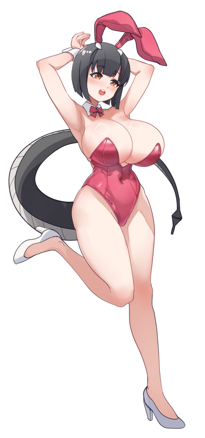 1girl absurdres aillie_(vtuber) animal_ears aningay armpits arms_behind_head arms_up bare_shoulders black_hair breasts fake_animal_ears full_body high_heels highres indie_virtual_youtuber large_breasts leotard playboy_bunny rabbit_ears red_eyes red_leotard shoes short_hair simple_background solo standing standing_on_one_leg strapless strapless_leotard tail virtual_youtuber white_background white_footwear wrist_cuffs