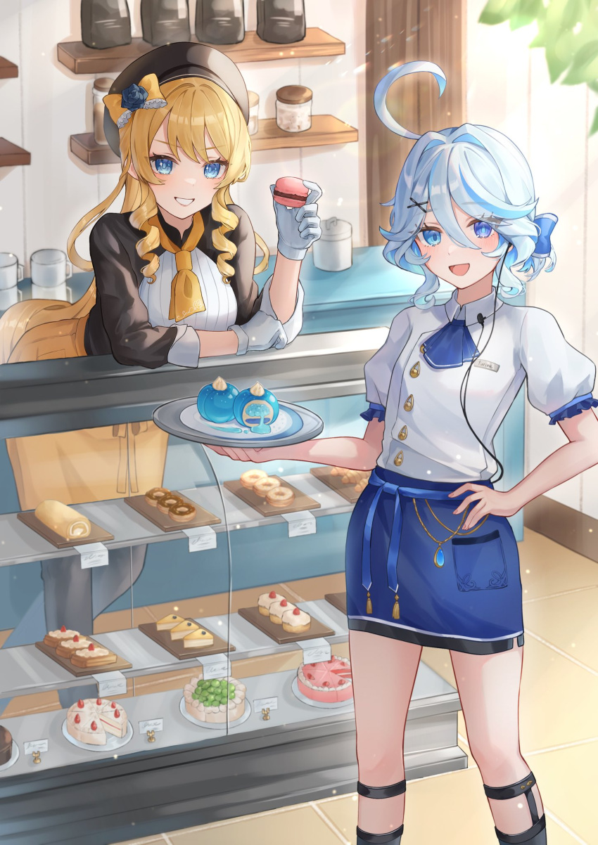 2girls ahoge alternate_costume black_hat black_pantyhose blonde_hair blue_eyes blue_hair blue_skirt bow cake commentary_request drill_hair food furina_(genshin_impact) genshin_impact gloves hair_between_eyes hair_bow hand_on_own_hip highres holding holding_food holding_plate long_hair long_sleeves looking_at_viewer mismatched_pupils mokankan multiple_girls navia_(genshin_impact) open_mouth pantyhose plate shirt short_hair short_sleeves sidelocks skirt smile standing twin_drills white_gloves white_shirt yellow_bow yellow_skirt