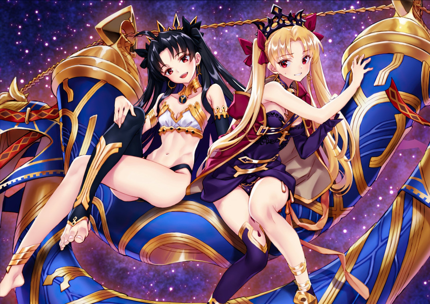 2girls arm_warmers armlet asymmetrical_legwear asymmetrical_sleeves bare_shoulders bikini black_hair blonde_hair blush bow breasts cage cloak detached_sleeves dress earrings elbow_gloves ereshkigal_(fate) fate/grand_order fate_(series) fur-trimmed_cloak fur_trim gloves hair_bow hair_ribbon heavenly_boat_maanna highres holding holding_cage hoop_earrings infinity_symbol ishtar_(fate) jewelry long_hair long_legs looking_at_viewer matsuryuu medium_breasts mismatched_bikini multiple_girls navel neck_ring open_mouth parted_bangs red_cloak red_eyes red_ribbon ribbon single_arm_warmer single_detached_sleeve single_elbow_glove single_sleeve single_thighhigh smile spine swimsuit thighhighs tiara two-sided_cloak two-sided_fabric two_side_up underworld uneven_legwear uneven_sleeves very_long_hair yellow_cloak