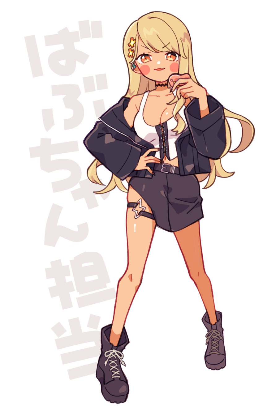 1girl absurdres aimai_(aimailskl) bare_shoulders black_footwear black_jacket blonde_hair blush breasts cleavage collarbone dark-skinned_female dark_skin full_body garter_straps gyaru hair_ornament highres jacket jewelry kaminari_qpi long_hair looking_at_viewer medium_breasts open_clothes open_jacket orange_eyes pencil_skirt simple_background skirt smile solo swept_bangs tank_top virtual_youtuber vspo! x_hair_ornament