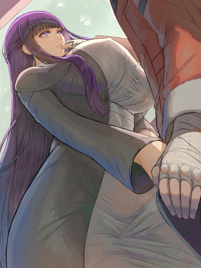 1boy 1girl absurdres alternate_breast_size bandaged_hand bandages black_robe blunt_bangs breasts dress fern_(sousou_no_frieren) from_below highres holding_hands huge_breasts jacket long_hair looking_at_another looking_at_viewer parted_lips purple_eyes purple_hair red_jacket robe solo_focus sousou_no_frieren stark_(sousou_no_frieren) straight_hair very_long_hair voidmakerz white_dress
