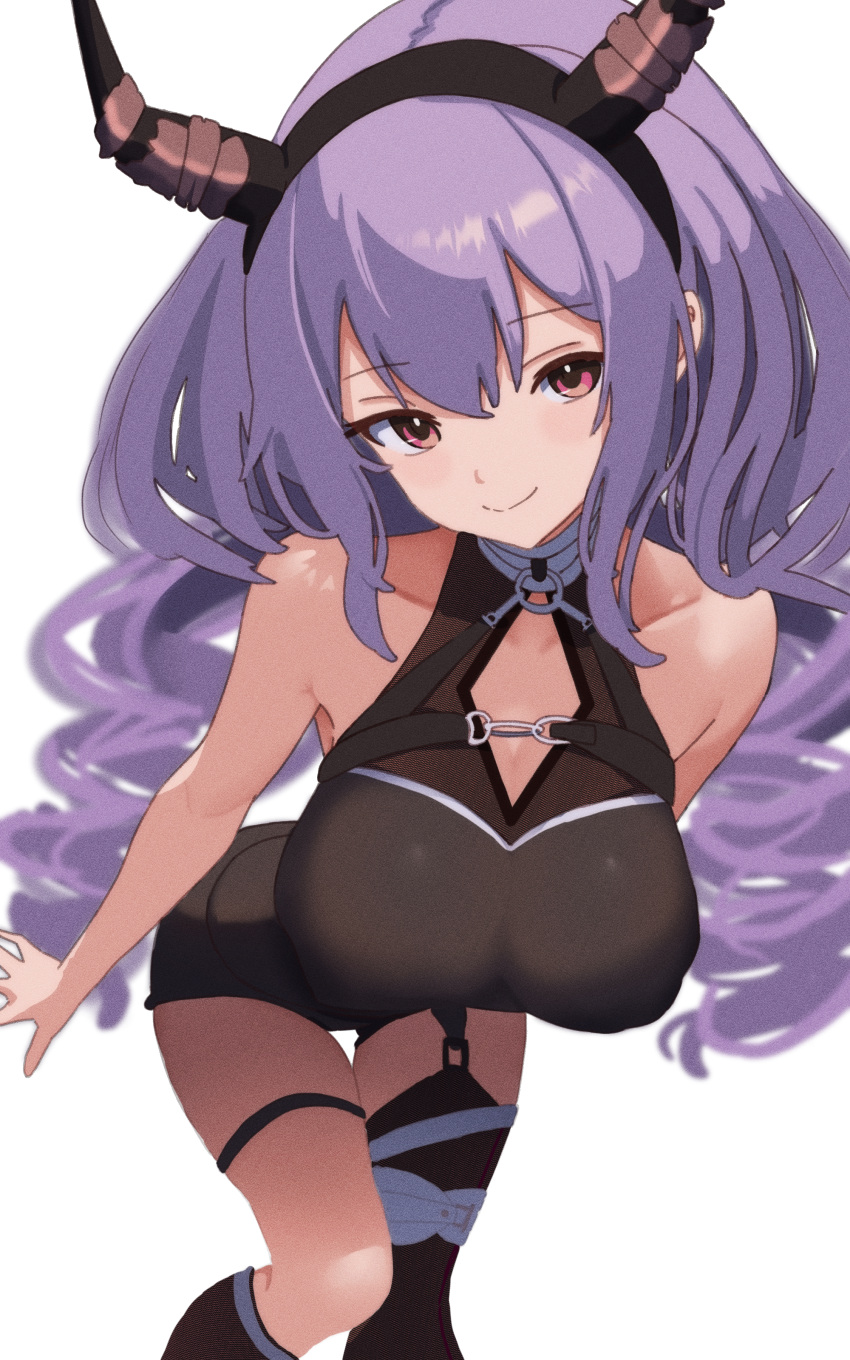 1girl absurdres arknights bare_arms bare_shoulders binware black_footwear black_horns black_shirt black_shorts black_thighhighs breasts cleavage cleavage_cutout closed_mouth clothing_cutout commentary_request drill_hair fake_horns highres horns large_breasts leaning_forward long_hair looking_at_viewer purple_hair red_eyes shirt short_shorts shorts simple_background single_thighhigh sleeveless sleeveless_shirt smile solo thigh_gap thigh_strap thighhighs twin_drills typhon_(arknights) very_long_hair white_background