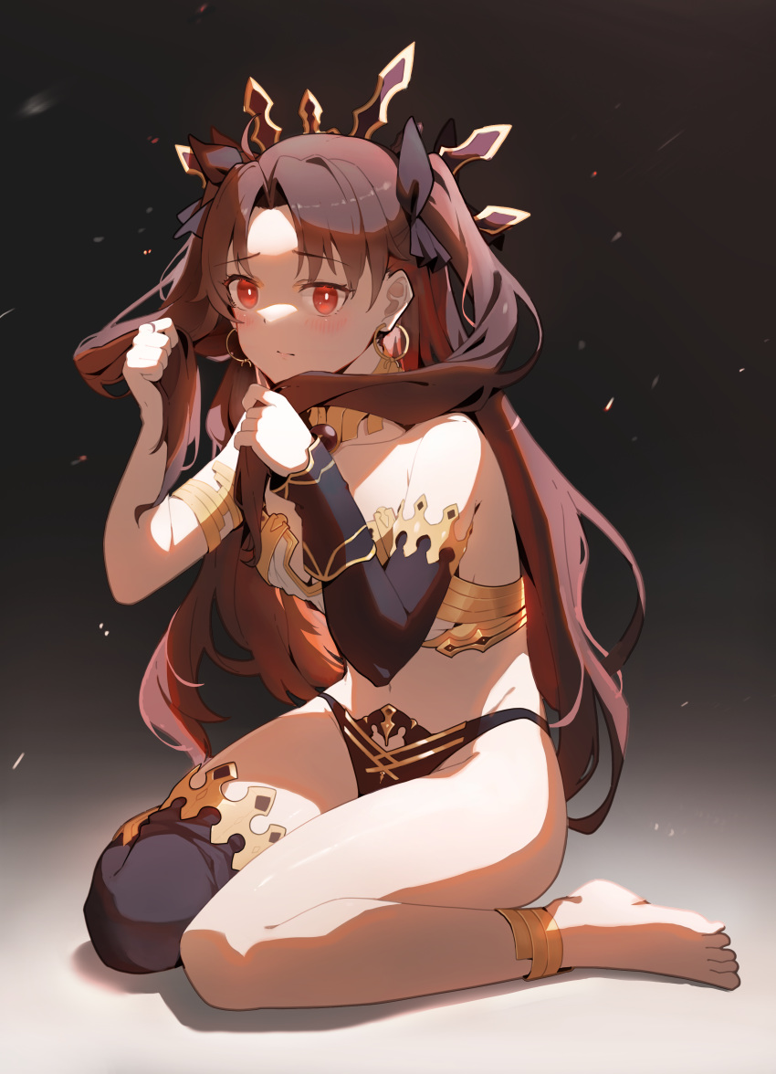 1girl absurdres arm_warmers armlet asymmetrical_legwear asymmetrical_sleeves bare_shoulders black_hair blush breasts earrings elbow_gloves fate/grand_order fate_(series) gloves hair_ribbon highres hoop_earrings ishtar_(fate) jewelry kuroki030 long_hair looking_at_viewer medium_breasts multiple_girls navel neck_ring open_mouth parted_bangs red_eyes revealing_clothes ribbon single_arm_warmer single_elbow_glove single_thighhigh solo stomach thighhighs tiara two_side_up uneven_legwear