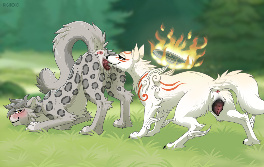 amaterasu_(okami) animal_genitalia animal_pussy anus ass_up blush bodily_fluids canid canine canine_genitalia canine_pussy canis capcom cunnilingus digi_(digi) digitoxici duo felid female female/female feral feral_on_feral fur genital_fluids genitals grass grey_body grey_fur hi_res interspecies mammal markings okami_(capcom) oral outside pantherine plant pussy raised_tail red_markings saliva sex smile snow_leopard spots spotted_body spotted_fur tail vaginal vaginal_fluids white_body white_fur wolf