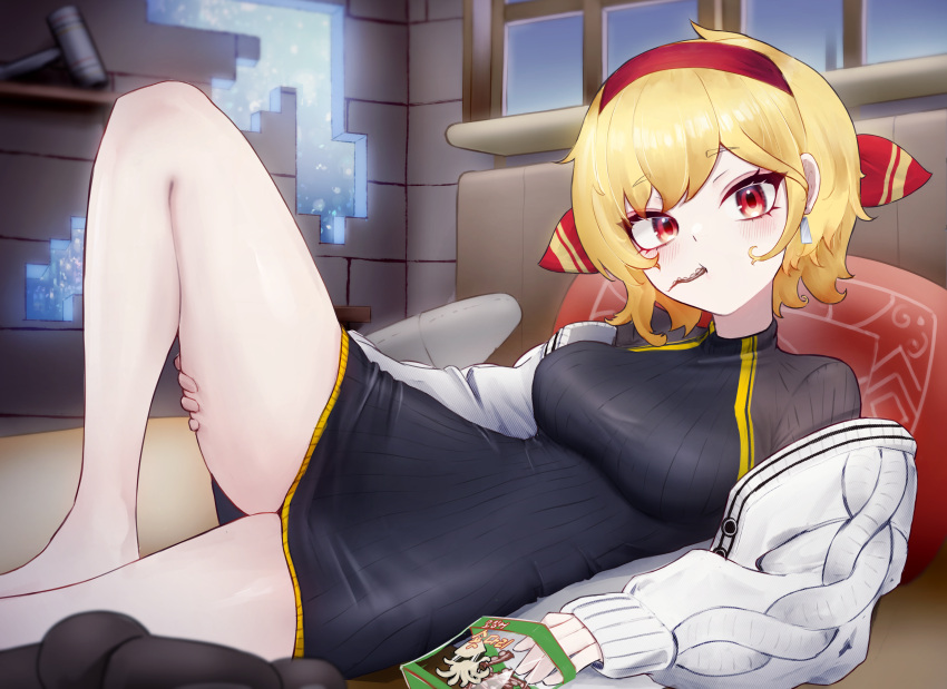 1girl absurdres black_dress blonde_hair breasts cardigan dress dried_squid earrings eating hand_on_own_thigh headband highres hololive hololive_indonesia indoors jewelry kaela_kovalskia knee_up looking_at_viewer lying medium_breasts on_back open_cardigan open_clothes pillow radi_(pixiv_88192217) red_eyes red_headband ribbed_dress short_dress short_hair snack solo thighs white_cardigan