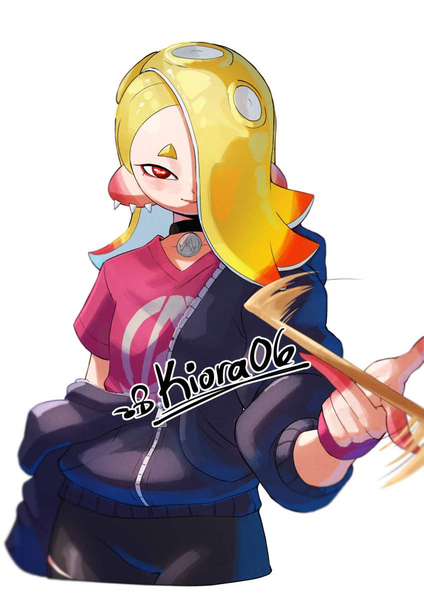 1girl artist_name black_collar blonde_hair cephalopod_eyes closed_mouth collar colored_tips commentary cropped_torso drumsticks earrings english_commentary hair_over_one_eye highres holding holding_drumsticks jewelry kiora06 long_hair looking_at_viewer multicolored_hair multiple_earrings octoling pink_shirt print_shirt red_eyes red_hair red_pupils shirt shiver_(splatoon) simple_background smile solo splatoon_(series) splatoon_3 tentacle_hair tooth_earrings twitter_username two-tone_hair white_background