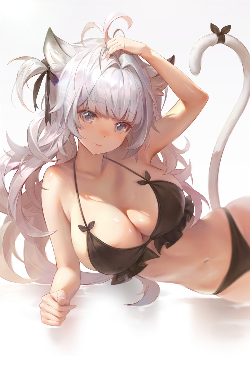 1girl animal_ear_fluff animal_ears antenna_hair arm_up bikini black_bikini black_bow bow breasts cat_ears cat_girl cat_tail closed_mouth commentary elbow_rest english_commentary frilled_bikini frills grey_eyes grey_hair hair_bow halterneck highres large_breasts light_blush long_hair looking_at_viewer lying navel on_side original sidelighting simple_background smile solo stomach swimsuit tail tail_bow tail_ornament tail_raised two_side_up very_long_hair white_background yuho_kim