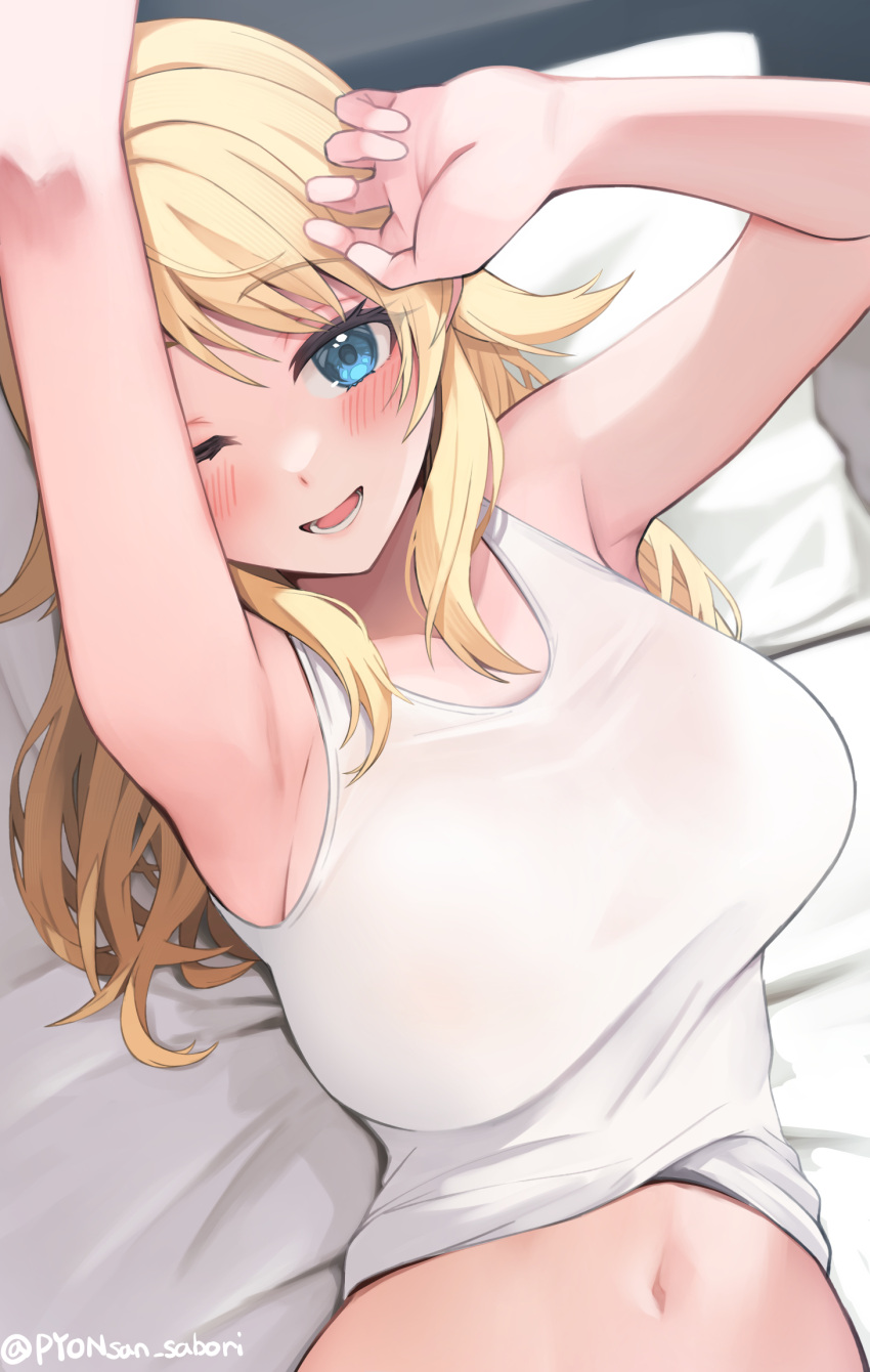 1girl armpits arms_up artist_name bare_arms bare_shoulders blonde_hair blue_eyes blush breasts commentary_request hachimiya_meguru hair_flaps highres idolmaster idolmaster_shiny_colors large_breasts looking_at_viewer lying midriff navel on_back one_eye_closed open_mouth pyonsan smile solo tank_top white_tank_top