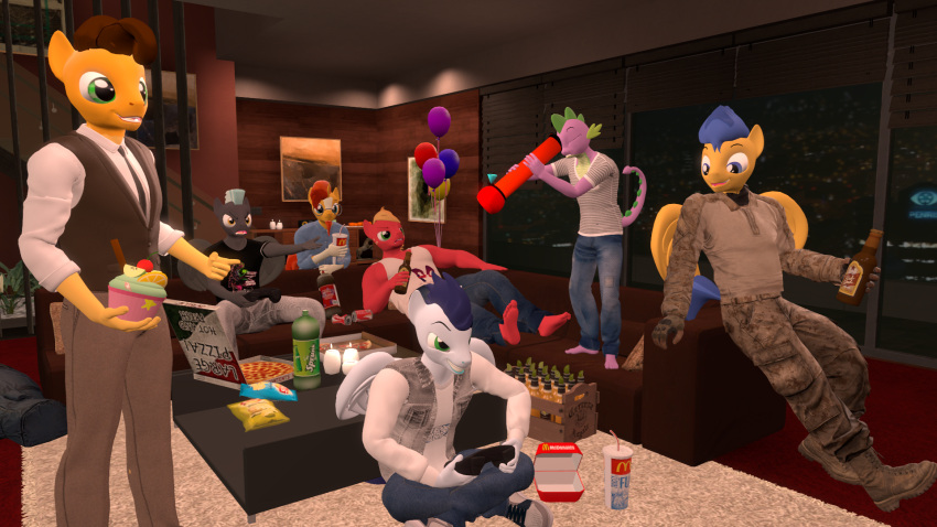 16:9 2021 3d_(artwork) 5_fingers 5_toes alcohol anthro anthrofied balloon barefoot beard beer beer_bottle beverage beverage_can big_macintosh_(mlp) blonde_hair blue_eyes blue_hair blue_tail bong bottle bottomwear brown_hair candle cheese_sandwich_(mlp) chips_(food) clothing container controller denim denim_bottomwear denim_clothing detailed_background digital_media_(artwork) dragon drugs earth_pony equid equine eyewear facial_hair feathered_wings feathers feet fingers flash_sentry_(mlp) fluffy fluffy_tail food footwear freckles friendship_is_magic fur furniture game_controller gaming glasses green_eyes grey_body grey_fur group hair hasbro head_spikes hi_res horn horse inflatable inside jeans long_tail male mammal mcdonald's multicolored_hair my_little_pony mythological_creature mythological_equine mythological_scalie mythology necktie on_sofa open_mouth open_smile orange_hair pants pegasus pizza pizza_box pizza_slice playing_videogame pony purple_body purple_scales red_body red_fur scales scalie shirt shoes short_hair sitting smile sneakers soarin_(mlp) soda soda_bottle soda_cup sofa source_filmmaker spike_(mlp) spiked_tail spikes spikes_(anatomy) sunburst_(mlp) tail tank_top teal_eyes teeth that1guy thunderlane_(mlp) toes topwear two_tone_hair unicorn white_body white_fur white_hair widescreen wings wonderbolts_(mlp) yellow_body yellow_eyes yellow_fur