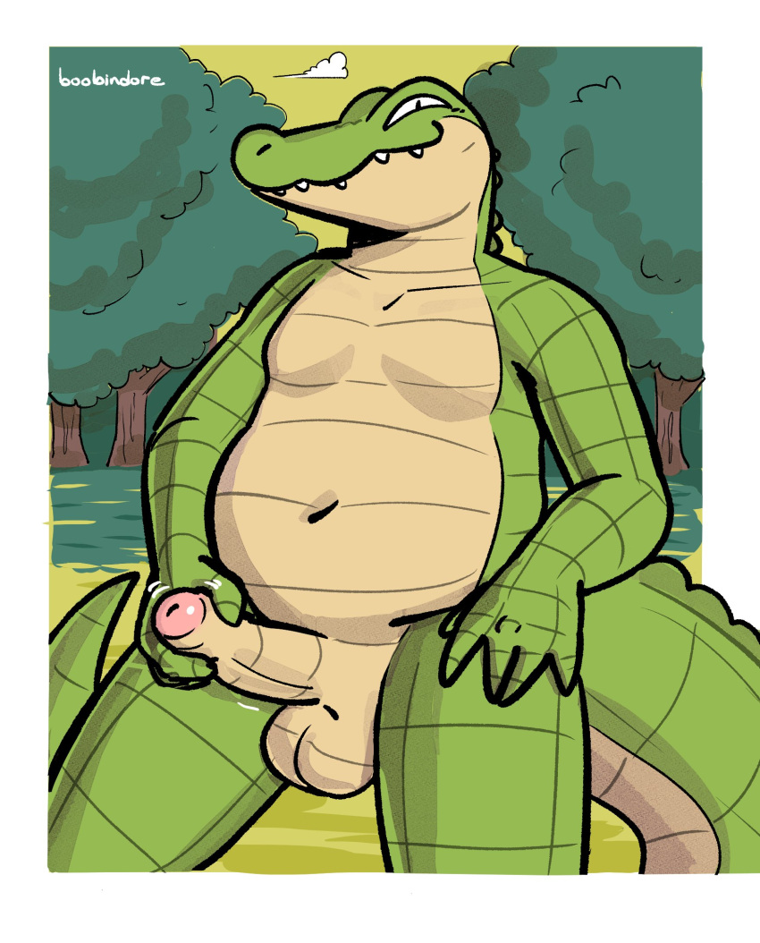 2024 5_fingers alligator alligatorid anthro balls belly_scales big_tail biped cel_shading countershade_scales countershading crocodilian detailed_background digital_drawing_(artwork) digital_media_(artwork) dubindore erection featureless_chest fingers foreskin genitals glans green_body green_scales hi_res holding_penis humanoid_genitalia humanoid_hands humanoid_penis long_tail looking_at_viewer male multicolored_body multicolored_scales non-mammal_balls outside overweight overweight_anthro overweight_male penis pink_glans plant pupils reptile scales scalie shaded slit_pupils smile smiling_at_viewer snout solo tail tan_body tan_countershading tan_penis tan_scales tapering_tail thick_tail tree two_tone_body two_tone_scales