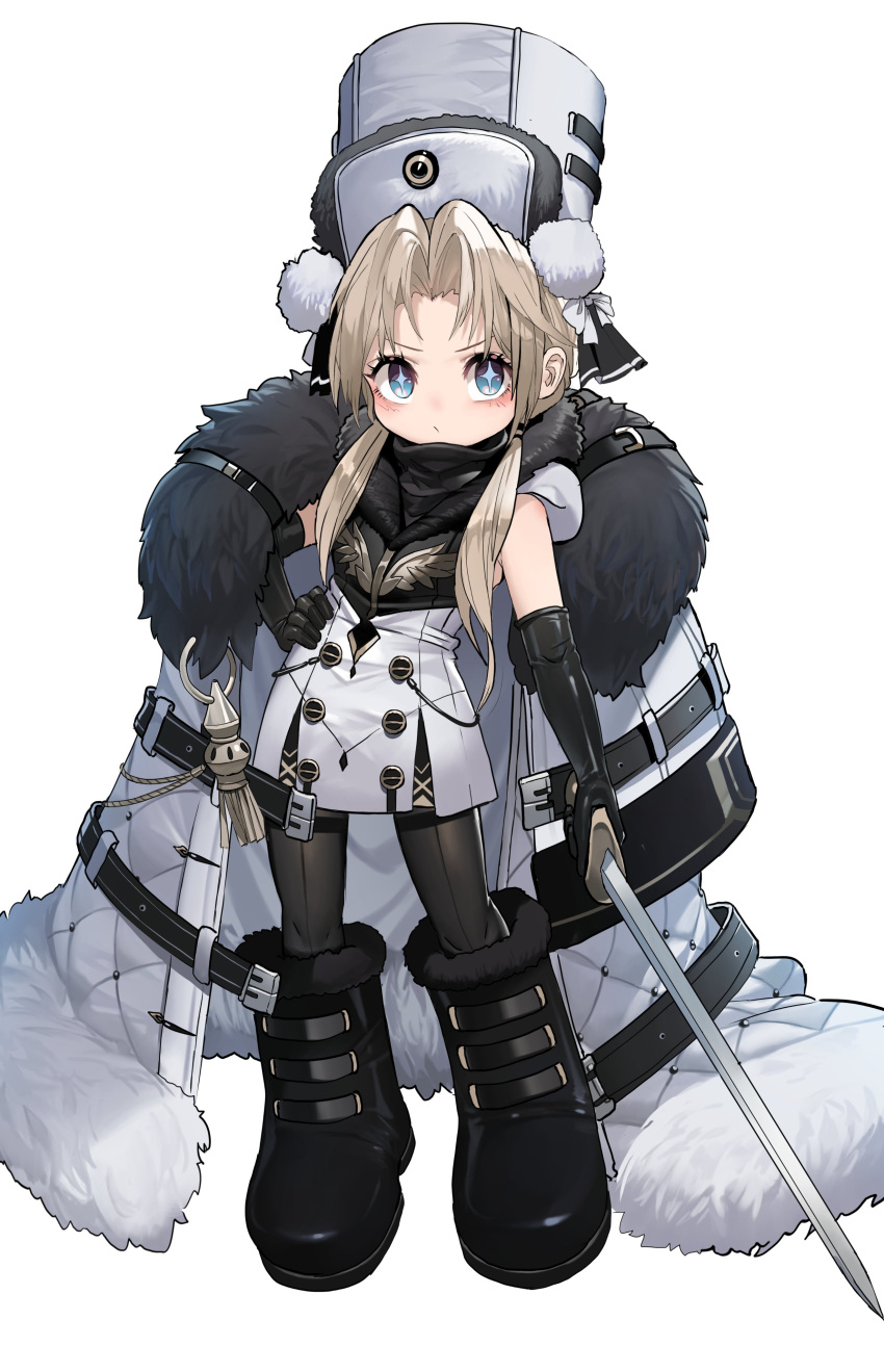 +_+ 1girl absurdres aged_down azur_lane black_footwear black_gloves boots brown_hair cloak closed_mouth dishwasher1910 dress elbow_gloves full_body fur-trimmed_boots fur-trimmed_cloak fur_hat fur_trim gloves hair_over_shoulder hand_on_own_hip hat highres holding holding_sword holding_weapon kronshtadt_(azur_lane) long_hair low_twintails parted_bangs sleeveless sleeveless_dress solo standing sword twintails twitter_username weapon white_cloak white_dress white_hat