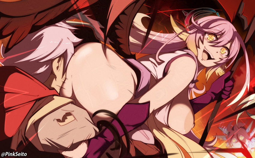 1boy 2girls absurdres android angel angel_wings animal_ears ass bird_ears black_wings breasts commentary crop_top cross english_commentary gloves gradient_hair grey_hair hair_between_eyes halo hetero highres holding holding_scythe holding_weapon jibril_(no_game_no_life) large_breasts long_hair low_wings magic_circle mechanical_parts multicolored_hair multiple_girls nipples no_game_no_life open_mouth orphen_(pink_seito) pink_hair riku_(no_game_no_life) robot_ears scythe shuvi_(no_game_no_life) sitting_on_face smile teeth thighs twitter_username upper_teeth_only very_long_hair weapon wing_ears wings yellow_eyes