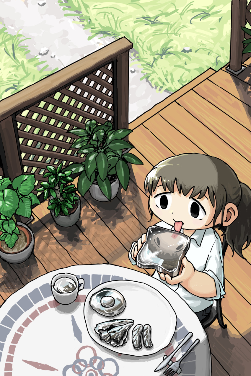 1girl absurdres bread bread_slice collared_shirt cup egg_(food) food fork from_above grass grey_hair highres holding holding_food knife mo_ma_shima mug original plant ponytail porch potted_plant reflection sausage shirt sleeves_rolled_up solo table toast tongue tongue_out white_shirt