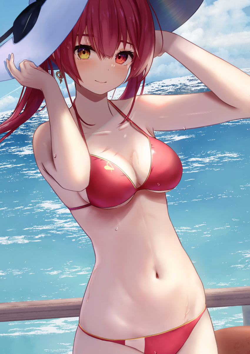 1girl adapted_costume alternate_costume bikini blue_sky blush breasts cleavage closed_mouth cloud cloudy_sky commentary cowboy_shot day earrings hands_on_headwear hat heart heart_earrings heterochromia highres hololive houshou_marine jewelry long_hair looking_at_viewer medium_breasts navel ocean outdoors rainbow red_bikini red_eyes sky smile solo standing stomach string_bikini sun_hat swimsuit tataki_worker twintails virtual_youtuber wet white_hat yellow_eyes