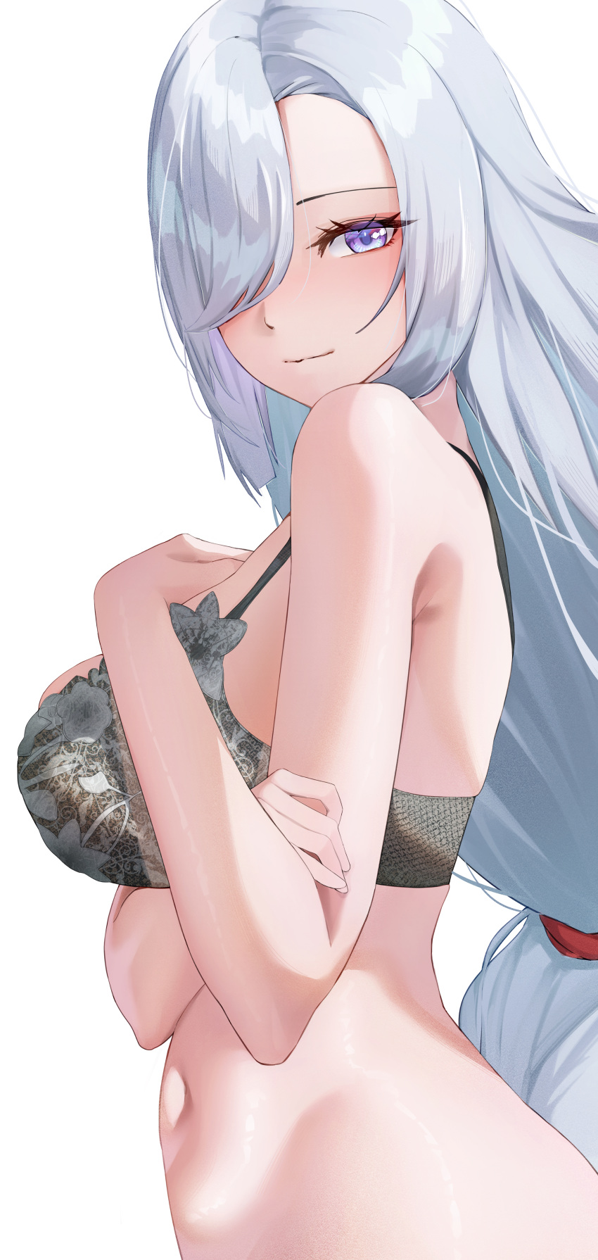 1girl absurdres bare_shoulders black_bra blue_eyes blush bra breasts closed_mouth commentary_request from_side genshin_impact grey_hair hair_over_one_eye hand_on_own_chest highres katagirinanoka large_breasts long_hair looking_at_viewer looking_to_the_side navel one_eye_covered shenhe_(genshin_impact) simple_background smile solo underwear upper_body white_background