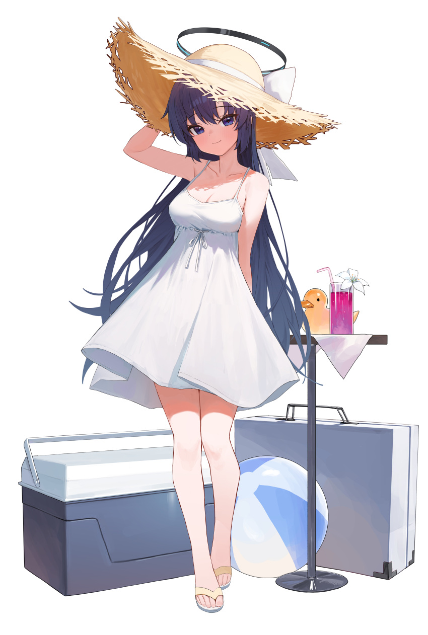 1girl absurdres alternate_costume arm_up ball bare_legs beachball blue_archive blush breasts cleavage collarbone cooler dress drink drinking_straw full_body gnns halo hat highres long_hair looking_at_viewer medium_breasts purple_eyes purple_hair rubber_duck simple_background sleeveless sleeveless_dress smile solo straight_hair straw_hat sundress toenails very_long_hair white_background white_dress white_footwear yuuka_(blue_archive)