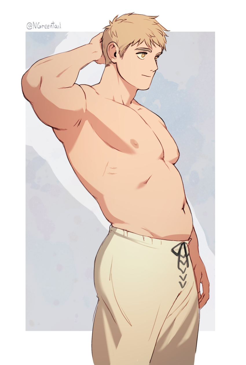 1boy bara blonde_hair brown_eyes brown_pants closed_mouth dungeon_meshi highres laios_touden large_pectorals male_focus muscular muscular_male navel nifast_(greentail) nipples pants pectorals short_hair simple_background solo topless_male twitter_username