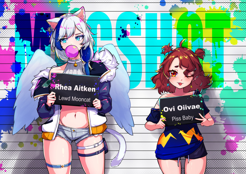 2girls absurdres animal_ears annoyed bell blue_eyes bra_strap brown_hair cat_ears chewing_gum collar earrings eyeshadow feathered_wings fur_trim highres holding holding_sign indie_virtual_youtuber jacket jewelry makeup mugshot multicolored_clothes multicolored_hair multiple_girls navel neck_bell off-shoulder_shirt off_shoulder oiivae one_eye_closed open_clothes open_jacket paint_splatter panty_straps rhea_aitken shirt short_shorts short_twintails shorts sign single_earring sleeveless sleeveless_turtleneck thigh_strap tongue tongue_out turtleneck twintails white_collar wings yellow_eyes