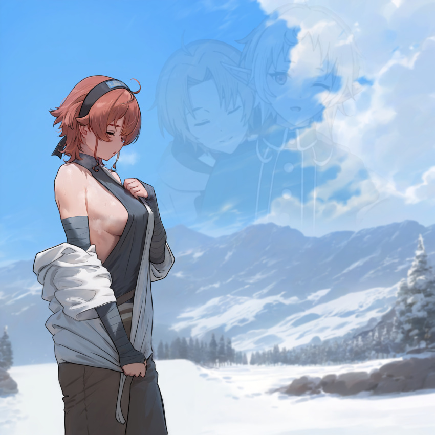 1boy 2girls ahoge bandaged_arm bandages bare_shoulders black_hairband black_pants black_shirt breasts closed_mouth day eris_greyrat hairband halterneck haoyihe highres jacket large_breasts mountain mountainous_horizon multiple_girls mushoku_tensei off_shoulder pants parted_lips red_hair rudeus_greyrat shirt short_hair sideboob sky sleeveless sleeveless_shirt snow tree white_jacket winter