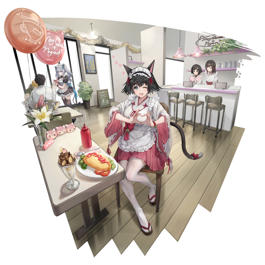 3boys 3girls animal_ears animal_hands apron balloon bar_stool black_hair black_thighhighs blush bow bright_pupils broccoli brown_hair cat_ears cat_tail chandelier crossover cucumber cucumber_slice fake_animal_ears fake_tail flower food frilled_apron frilled_hairband frills geta girls'_frontline_neural_cloud gloves green_eyes grey_hair hair_ornament hairband hakama hakama_skirt hashida_itaru heart heart_hands highres holding holding_notepad ice_cream indoors japanese_clothes ketchup_bottle kimie_(neural_cloud) knees_to_chest kosode lab_coat long_hair looking_at_another looking_at_viewer maid maid_apron maid_cafe maid_headdress miko multiple_boys multiple_girls notepad official_art okabe_rintarou omelet omurice one_eye_closed otoko_no_ko paw_gloves paw_print plant potted_plant red_bow red_eyes red_hakama shiina_mayuri short_hair skirt spoon steins;gate stool tail tail_bow tail_ornament thighhighs third-party_source tomato tomato_slice transparent_background twintails undine_(neural_cloud) urushibara_ruka wa_maid white_apron white_headdress white_thighhighs wide_sleeves wooden_floor