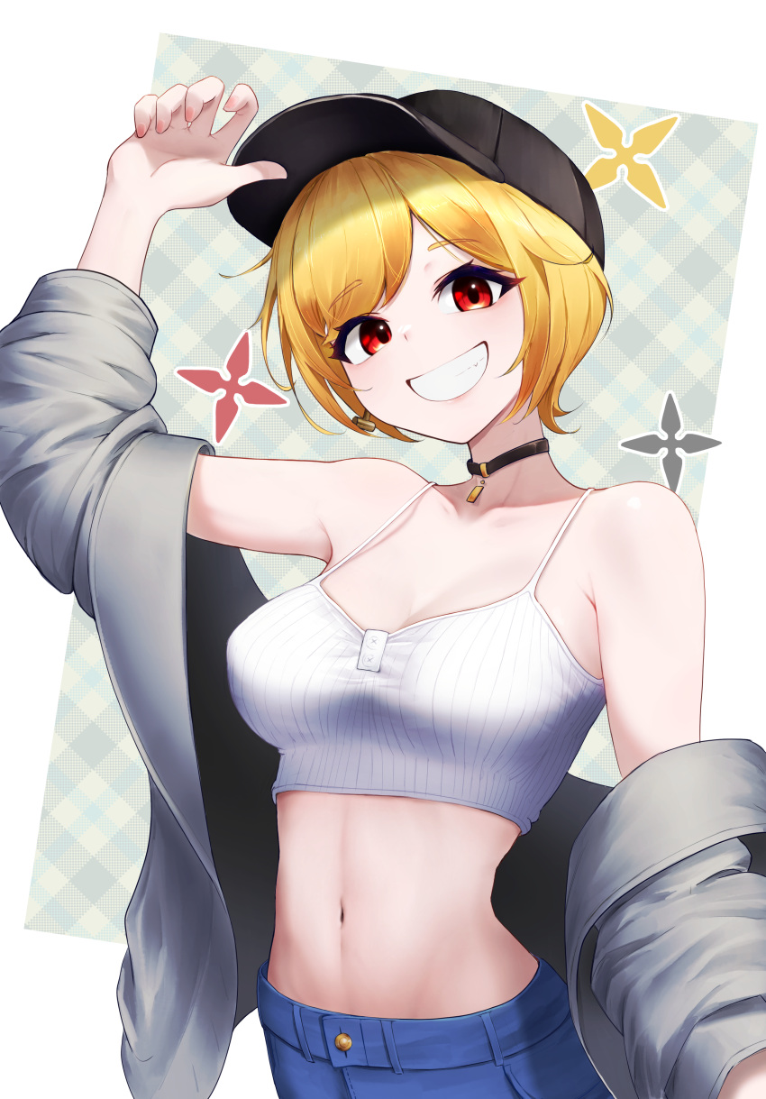 1girl absurdres bare_shoulders baseball_cap black_choker black_hat blonde_hair blue_pants breasts camisole choker crop_top grey_jacket grin hat highres hololive hololive_indonesia jacket kaela_kovalskia looking_at_viewer medium_breasts navel off_shoulder open_clothes open_jacket pants pink_nails radi_(pixiv_88192217) red_eyes ribbed_camisole short_hair smile solo stomach white_camisole