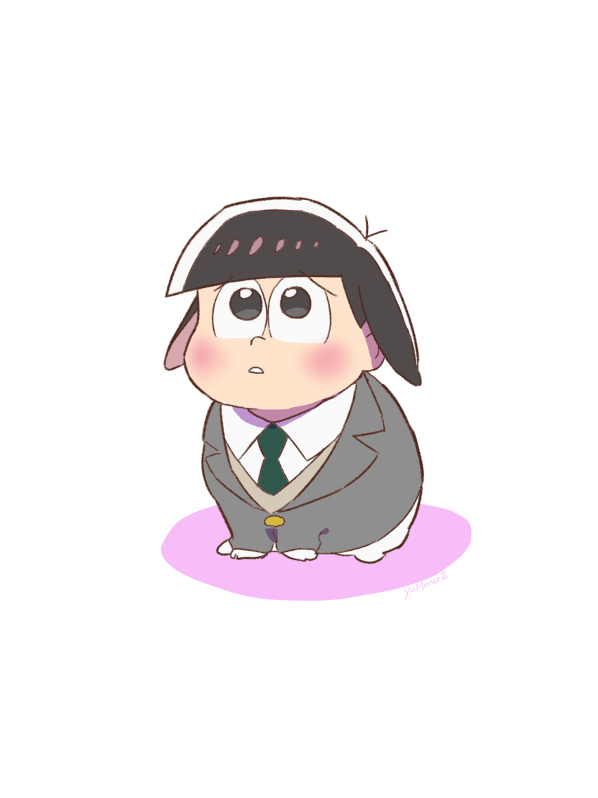 1boy aged_down animalization black_hair blazer blush floppy_ears green_necktie grey_jacket highres human_head jacket looking_up matsuno_todomatsu necktie osomatsu-san parted_lips rabbit rabbit_boy school_uniform white_fur yumeno_haruka