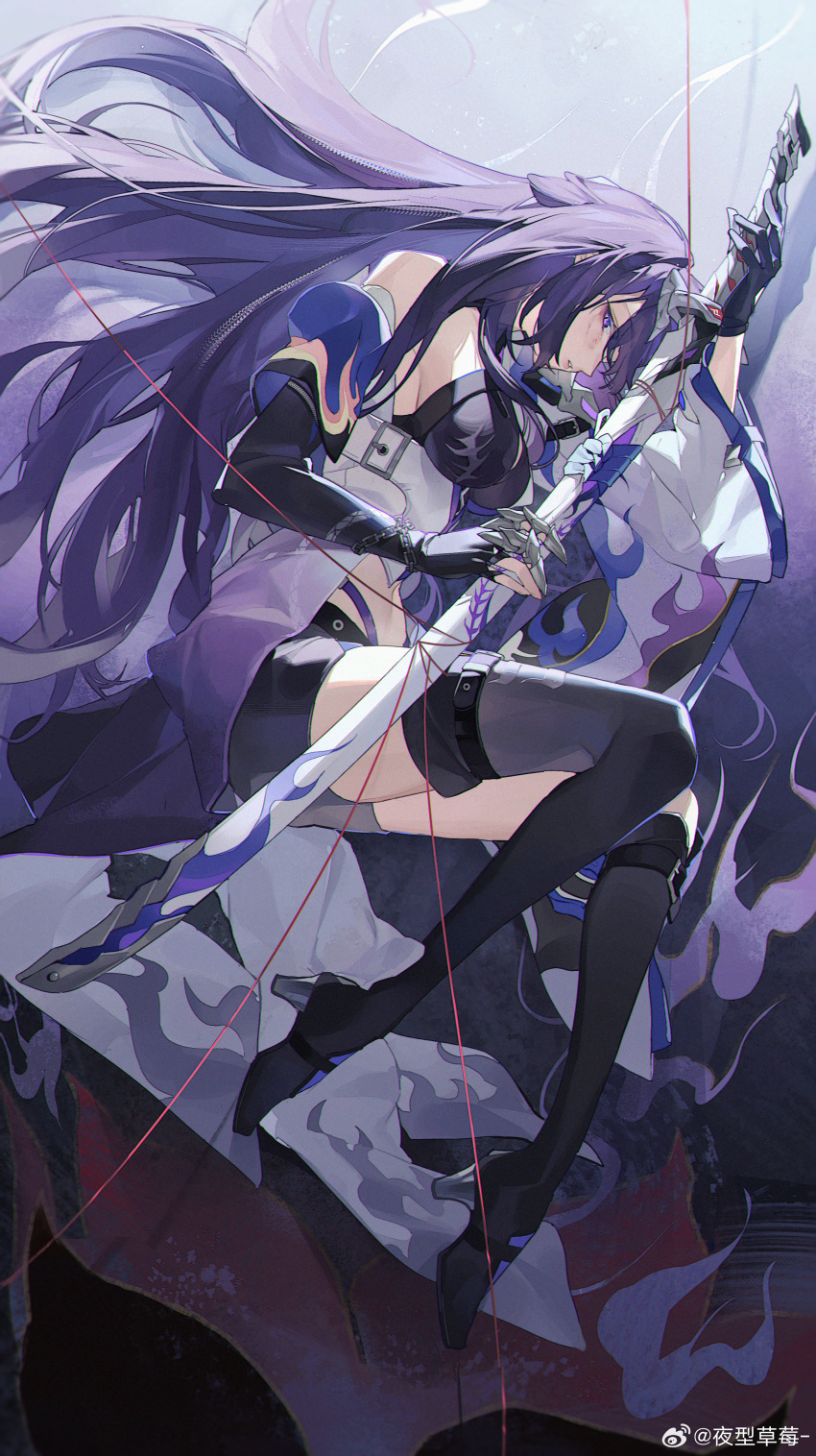 1girl absurdres acheron_(honkai:_star_rail) asymmetrical_footwear black_choker black_gloves black_shorts boots breasts chain choker coat coattails detached_sleeves gloves highres holding holding_sword holding_weapon honkai:_star_rail honkai_(series) long_hair midriff multicolored_hair navel purple_eyes purple_hair scabbard sheath sheathed short_shorts shorts sideboob single_bare_shoulder solo stomach streaked_hair string sword thigh_boots weapon white_coat ye_xing_caomei