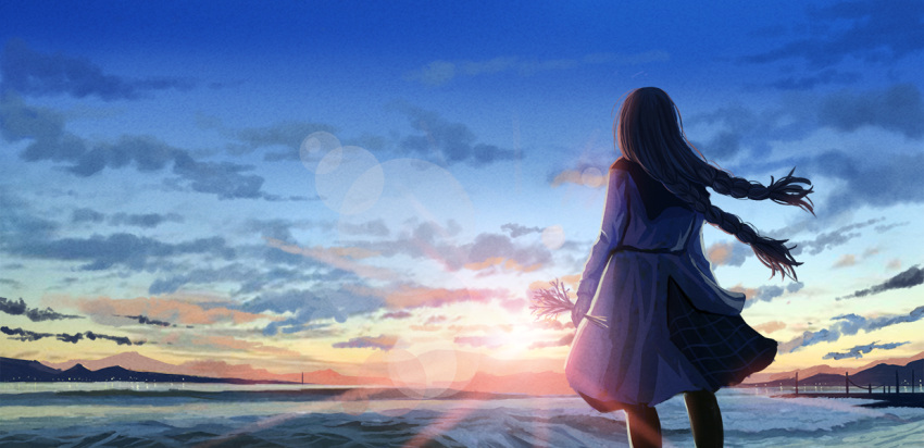 1girl ame_sagari black_hair blue_sky bouquet braid bridge cloud commentary_request cowboy_shot dress evening from_behind gradient_sky hair_lift holding holding_bouquet lens_flare long_hair long_sleeves low_twin_braids mountainous_horizon ocean original outdoors scenery short_dress sky solo twin_braids very_long_hair white_dress white_sleeves wind wind_lift