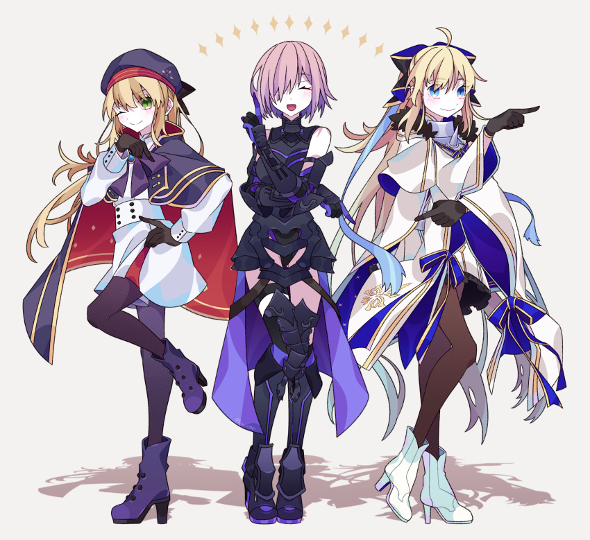 3girls absurdres ahoge armor armored_dress armored_leotard artoria_caster_(fate) artoria_caster_(second_ascension)_(fate) artoria_pendragon_(fate) black_bow black_fur black_gloves blonde_hair blue_cape blue_cloak blue_eyes blue_ribbon blush bow breasts cape capelet cloak dress elbow_gloves fate/grand_order fate_(series) fur-trimmed_cloak fur-trimmed_gloves fur_trim gloves green_eyes hair_between_eyes hair_bow hair_over_one_eye hat highres kujiramaru large_breasts long_fall_boots long_hair long_sleeves looking_at_viewer mash_kyrielight multicolored_cape multicolored_capelet multicolored_cloak multicolored_clothes multiple_girls open_mouth ornament pantyhose ponytail purple_eyes purple_gloves purple_hair ribbon short_hair simple_background smile spiked_armor striped_belt thighhighs tonelico_(fate) tonelico_(second_ascension)_(fate) twintails two-sided_bow two-tone_capelet two-tone_sleeves white_cape white_cloak