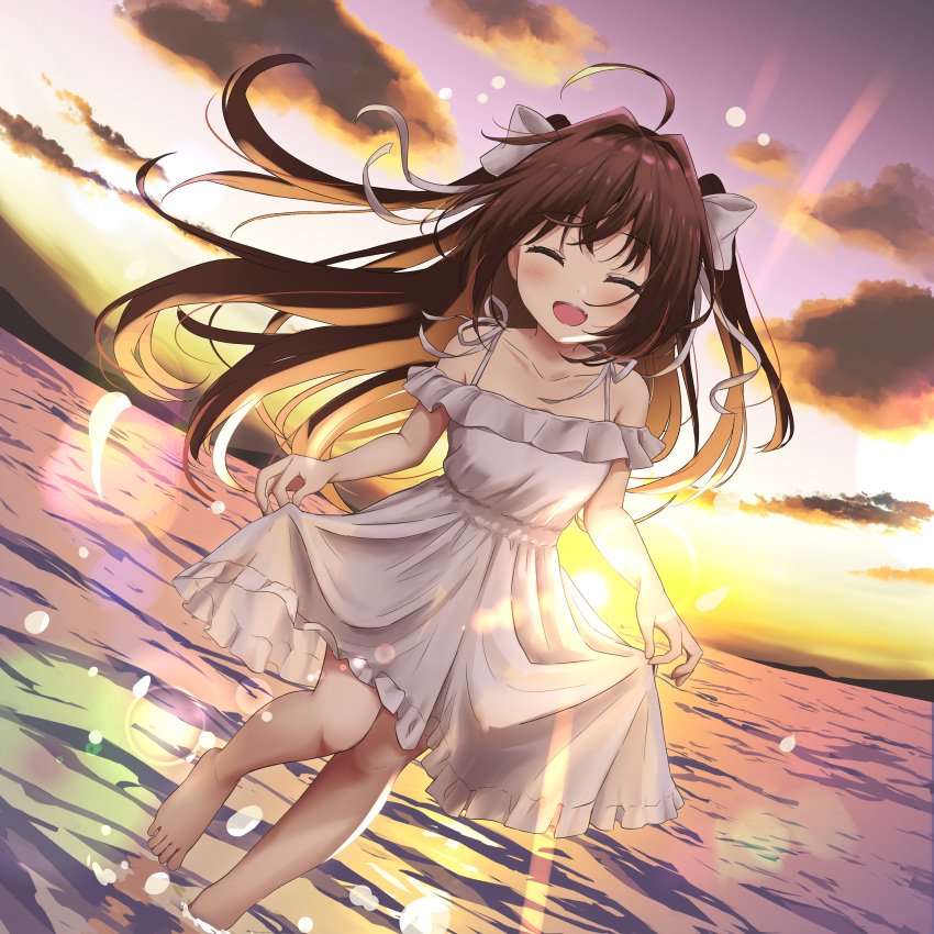 1girl ^_^ absurdres ahoge barefoot breasts brown_hair closed_eyes cloud collarbone crossed_bangs dress dutch_angle facing_viewer foot_up frilled_dress frills highres lens_flare long_hair medium_breasts medium_dress off-shoulder_dress off_shoulder open_mouth original sidelocks skirt_hold smile solo spaghetti_strap sundress sunset two_side_up unfinished wading yutuki_ame