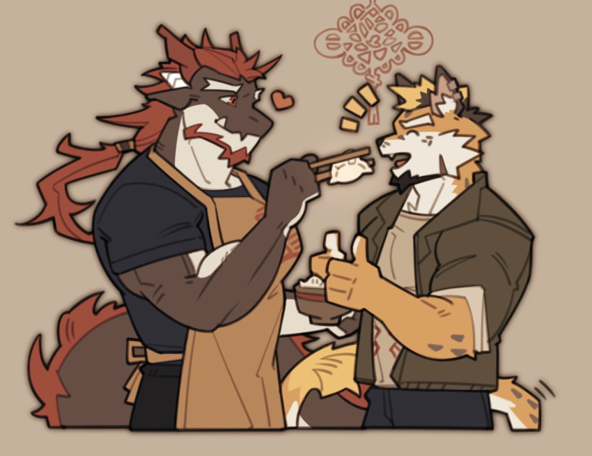 2boys ^_^ alternate_costume animal_ears apron bara chopsticks closed_eyes couple cropped_legs currycat24 denim double_thumbs_up dragon_(any) dragon_boy dragon_ears dumpling facial_hair fang feeding food from_side furry furry_male furry_with_furry goatee happy_aura heart highres holding holding_chopsticks jacket jaguar_boy jaguar_ears jeans jiaozi male_focus mature_male multiple_boys muscular muscular_male original pants pectorals profile romg romg_the_jaguar scar second-party_source skin_fang smile thick_eyebrows thumbs_up yaoi