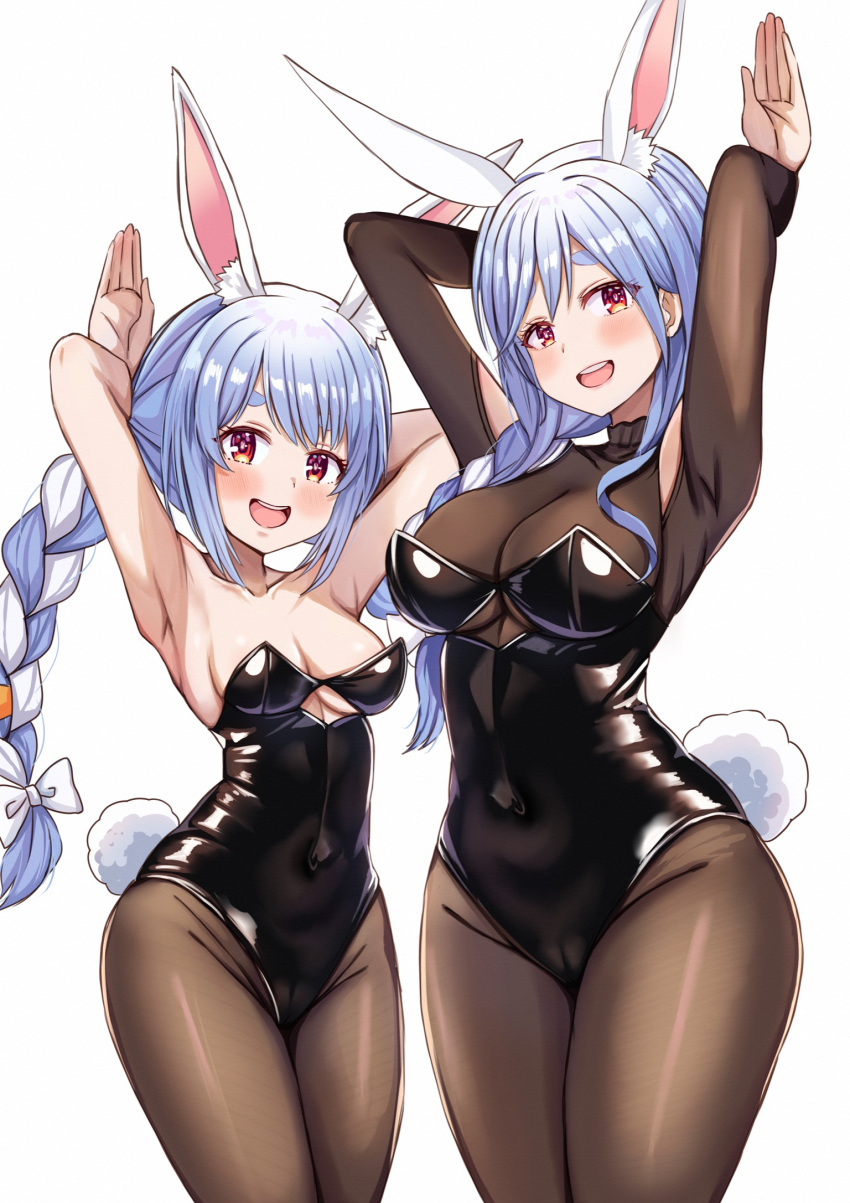 2girls animal_ear_fluff animal_ears black_bodysuit black_leotard black_pantyhose blue_hair blush bodysuit bow braid braided_ponytail breasts cleavage covered_navel hair_bow hair_over_shoulder highres hololive large_breasts leotard long_hair looking_at_viewer mature_female medium_breasts mother_and_daughter multicolored_hair multiple_girls nootomo open_mouth pantyhose pekomama playboy_bunny rabbit-shaped_pupils rabbit_ears rabbit_girl rabbit_pose rabbit_tail red_eyes short_eyebrows smile streaked_hair symbol-shaped_pupils tail teeth twin_braids upper_teeth_only usada_pekora virtual_youtuber white_background white_bow white_hair