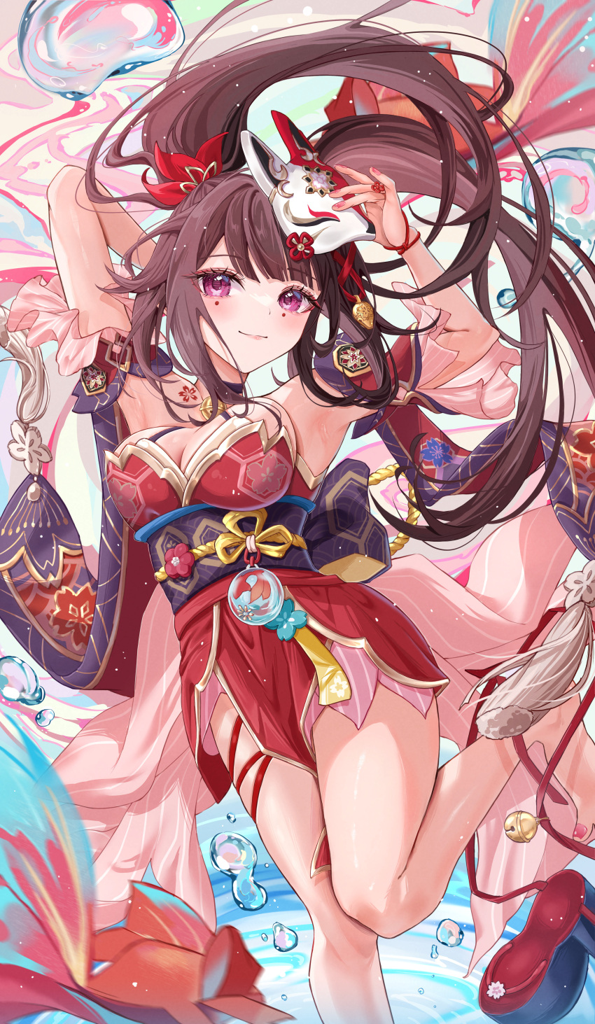 1girl absurdres arm_behind_head armpits arms_up bare_shoulders barefoot breasts brown_hair cleavage closed_mouth detached_sleeves dress feet floating_hair foot_out_of_frame foot_up fox_mask highres holding holding_mask honkai:_star_rail honkai_(series) knees_together_feet_apart large_breasts mask mask_on_head minausa nail_polish pelvic_curtain pink_eyes red_dress red_sleeves short_dress short_sleeves sidelocks sleeveless sleeveless_dress smile solo sparkle_(honkai:_star_rail) thighs toenail_polish toenails toes twintails