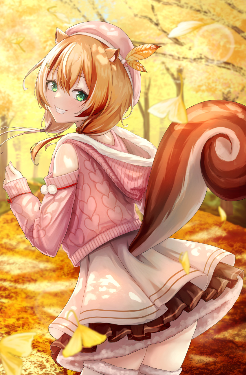 1girl absurdres animal_ears autumn ayunda_risu ayunda_risu_(1st_costume) bare_shoulders beret brown_choker brown_hair brown_skirt cable_knit cardigan choker clothing_cutout commentary cowboy_shot dress from_behind fur-trimmed_thighhighs fur_trim ginkgo_leaf green_eyes grin hair_between_eyes hair_ornament hairclip hat highres hololive hololive_indonesia hooded_cardigan leaf leaf_hair_ornament leaning_forward looking_at_viewer looking_back low_twintails medium_hair miniskirt outdoors pink_cardigan pink_hat short_dress shoulder_cutout skirt skirt_under_dress smile solo squirrel_ears squirrel_girl squirrel_tail tachibana_yuu_(shika) tail thighhighs twintails virtual_youtuber white_dress white_thighhighs